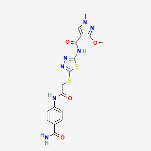 molecular formula C17H17N7O4S2 B2882473 N-(5-((2-((4-carbamoylphenyl)amino)-2-oxoethyl)thio)-1,3,4-thiadiazol-2-yl)-3-methoxy-1-methyl-1H-pyrazole-4-carboxamide CAS No. 1171726-73-0