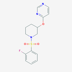 molecular formula C15H16FN3O3S B2882498 4-((1-((2-Fluorophenyl)sulfonyl)piperidin-3-yl)oxy)pyrimidine CAS No. 2034524-45-1