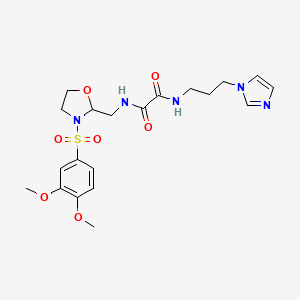 molecular formula C20H27N5O7S B2882513 N1-(3-(1H-咪唑-1-基)丙基)-N2-((3-((3,4-二甲氧基苯基)磺酰基)恶唑烷-2-基)甲基)草酰胺 CAS No. 868983-26-0