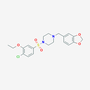 molecular formula C20H23ClN2O5S B288257 1-(1,3-Benzodioxol-5-ylmethyl)-4-[(4-chloro-3-ethoxyphenyl)sulfonyl]piperazine 