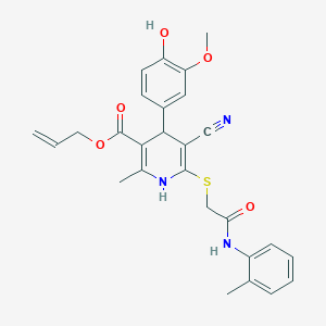 molecular formula C27H27N3O5S B2882596 Allyl 5-cyano-4-(4-hydroxy-3-methoxyphenyl)-2-methyl-6-((2-oxo-2-(o-tolylamino)ethyl)thio)-1,4-dihydropyridine-3-carboxylate CAS No. 442556-24-3