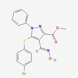 molecular formula C18H14BrN3O3S B2882646 methyl 5-[(4-bromophenyl)sulfanyl]-4-[(hydroxyimino)methyl]-1-phenyl-1H-pyrazole-3-carboxylate CAS No. 318238-03-8