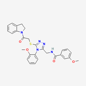 molecular formula C28H27N5O4S B2882653 N-((5-((2-(indolin-1-yl)-2-oxoethyl)thio)-4-(2-methoxyphenyl)-4H-1,2,4-triazol-3-yl)methyl)-3-methoxybenzamide CAS No. 309968-90-9