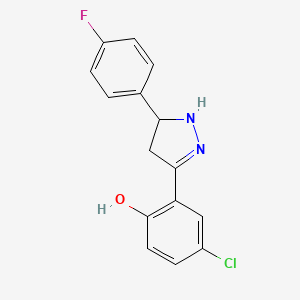 molecular formula C15H12ClFN2O B2882654 4-氯-2-[5-(4-氟苯基)-4,5-二氢-1H-吡唑-3-基]苯酚 CAS No. 374083-23-5