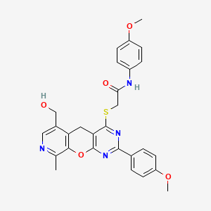 molecular formula C28H26N4O5S B2882756 2-((6-(hydroxymethyl)-2-(4-methoxyphenyl)-9-methyl-5H-pyrido[4',3':5,6]pyrano[2,3-d]pyrimidin-4-yl)thio)-N-(4-methoxyphenyl)acetamide CAS No. 867040-65-1