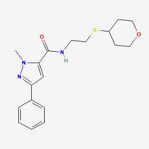 molecular formula C18H23N3O2S B2882903 1-methyl-3-phenyl-N-(2-((tetrahydro-2H-pyran-4-yl)thio)ethyl)-1H-pyrazole-5-carboxamide CAS No. 2034484-83-6
