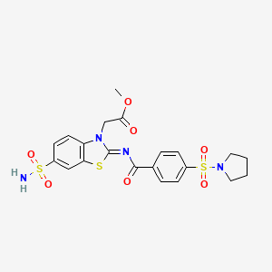 molecular formula C21H22N4O7S3 B2882980 2-[2-(4-吡咯烷-1-基磺酰基苯甲酰)亚氨基-6-磺酰氨基-1,3-苯并噻唑-3-基]乙酸甲酯 CAS No. 865198-73-8