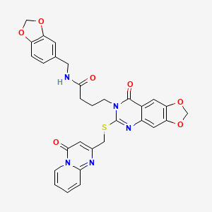 N-(1,3-benzodioxol-5-ylmethyl)-4-[8-oxo-6-[(4-oxopyrido[1,2-a]pyrimidin-2-yl)methylsulfanyl]-[1,3]dioxolo[4,5-g]quinazolin-7-yl]butanamide