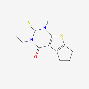molecular formula C11H12N2OS2 B2883037 3-ethyl-2-sulfanyl-3,5,6,7-tetrahydro-4H-cyclopenta[4,5]thieno[2,3-d]pyrimidin-4-one CAS No. 332145-25-2