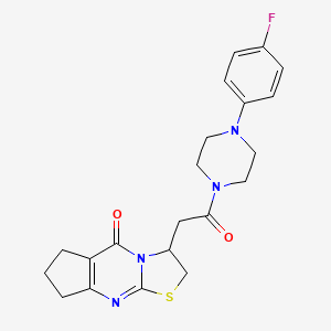 molecular formula C21H23FN4O2S B2883046 3-(2-(4-(4-fluorophenyl)piperazin-1-yl)-2-oxoethyl)-2,3,7,8-tetrahydrocyclopenta[d]thiazolo[3,2-a]pyrimidin-5(6H)-one CAS No. 1105243-52-4