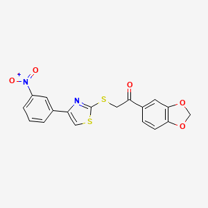 molecular formula C18H12N2O5S2 B2883056 1-(2H-1,3-benzodioxol-5-yl)-2-{[4-(3-nitrophenyl)-1,3-thiazol-2-yl]sulfanyl}ethan-1-one CAS No. 727689-79-4