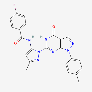 molecular formula C23H18FN7O2 B2883079 4-fluoro-N-(3-methyl-1-(4-oxo-1-(p-tolyl)-4,5-dihydro-1H-pyrazolo[3,4-d]pyrimidin-6-yl)-1H-pyrazol-5-yl)benzamide CAS No. 1170303-05-5