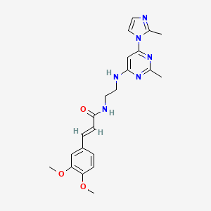 molecular formula C22H26N6O3 B2883089 (E)-3-(3,4-dimethoxyphenyl)-N-(2-((2-methyl-6-(2-methyl-1H-imidazol-1-yl)pyrimidin-4-yl)amino)ethyl)acrylamide CAS No. 1203435-83-9