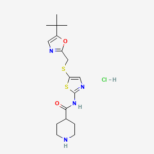 molecular formula C17H25ClN4O2S2 B2883122 N-[5-[[[5-(1,1-Dimethylethyl)-2-oxazolyl]methyl]thio]-2-thiazolyl]-4-piperidinecarboxamide hydrochloride CAS No. 345627-90-9