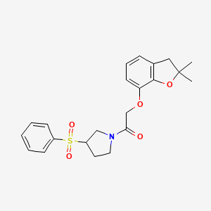 molecular formula C22H25NO5S B2883153 2-((2,2-Dimethyl-2,3-dihydrobenzofuran-7-yl)oxy)-1-(3-(phenylsulfonyl)pyrrolidin-1-yl)ethanone CAS No. 1448029-68-2