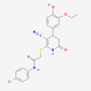 molecular formula C22H20BrN3O4S B2883166 N-(4-bromophenyl)-2-{[3-cyano-4-(3-ethoxy-4-hydroxyphenyl)-6-oxo-1,4,5,6-tetrahydropyridin-2-yl]sulfanyl}acetamide CAS No. 332051-83-9
