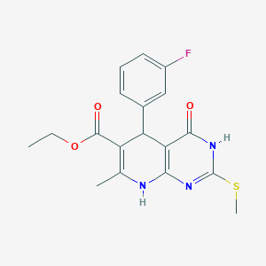 molecular formula C18H18FN3O3S B2883197 Ethyl 5-(3-fluorophenyl)-7-methyl-2-(methylthio)-4-oxo-3,4,5,8-tetrahydropyrido[2,3-d]pyrimidine-6-carboxylate CAS No. 537045-49-1