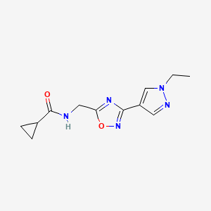 molecular formula C12H15N5O2 B2883200 N-((3-(1-ethyl-1H-pyrazol-4-yl)-1,2,4-oxadiazol-5-yl)methyl)cyclopropanecarboxamide CAS No. 2034332-04-0