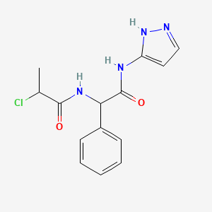 molecular formula C14H15ClN4O2 B2883208 2-Chloro-N-[2-oxo-1-phenyl-2-(1H-pyrazol-5-ylamino)ethyl]propanamide CAS No. 2411199-81-8