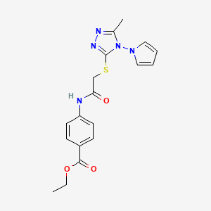 molecular formula C18H19N5O3S B2883226 Ethyl 4-[[2-[(5-methyl-4-pyrrol-1-yl-1,2,4-triazol-3-yl)sulfanyl]acetyl]amino]benzoate CAS No. 896290-94-1