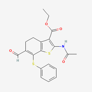 molecular formula C20H19NO4S2 B2883264 Ethyl 2-(acetylamino)-6-formyl-7-(phenylsulfanyl)-4,5-dihydro-1-benzothiophene-3-carboxylate CAS No. 137987-69-0