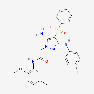 molecular formula C25H24FN5O4S B2883303 2-(5-amino-3-((4-fluorophenyl)amino)-4-(phenylsulfonyl)-1H-pyrazol-1-yl)-N-(2-methoxy-5-methylphenyl)acetamide CAS No. 2034274-33-2