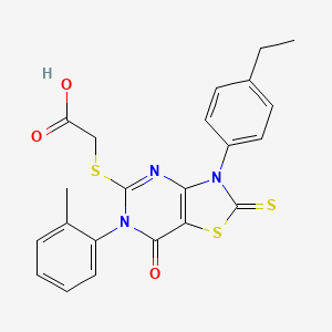 molecular formula C22H19N3O3S3 B2883305 {[3-(4-Ethylphenyl)-6-(2-methylphenyl)-7-oxo-2-thioxo-2,3,6,7-tetrahydro[1,3]thiazolo[4,5-d]pyrimidin-5-yl]thio}acetic acid CAS No. 422299-68-1
