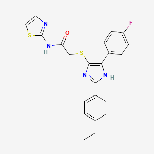 molecular formula C22H19FN4OS2 B2883343 2-((2-(4-ethylphenyl)-5-(4-fluorophenyl)-1H-imidazol-4-yl)thio)-N-(thiazol-2-yl)acetamide CAS No. 901258-89-7