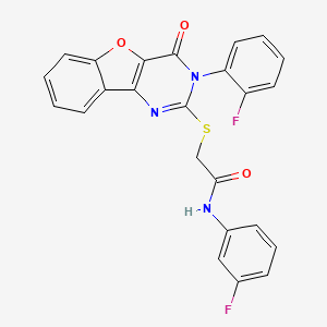 molecular formula C24H15F2N3O3S B2883371 N-(3-fluorophenyl)-2-{[5-(2-fluorophenyl)-6-oxo-8-oxa-3,5-diazatricyclo[7.4.0.0^{2,7}]trideca-1(9),2(7),3,10,12-pentaen-4-yl]sulfanyl}acetamide CAS No. 2097898-23-0