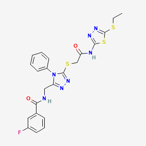 molecular formula C22H20FN7O2S3 B2883437 N-[[5-[2-[(5-ethylsulfanyl-1,3,4-thiadiazol-2-yl)amino]-2-oxoethyl]sulfanyl-4-phenyl-1,2,4-triazol-3-yl]methyl]-3-fluorobenzamide CAS No. 393840-02-3