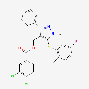 {5-[(5-fluoro-2-methylphenyl)sulfanyl]-1-methyl-3-phenyl-1H-pyrazol-4-yl}methyl 3,4-dichlorobenzenecarboxylate