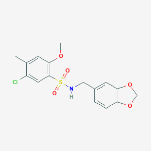 molecular formula C16H16ClNO5S B288352 N-(1,3-benzodioxol-5-ylmethyl)-5-chloro-2-methoxy-4-methylbenzenesulfonamide 