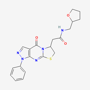 molecular formula C20H21N5O3S B2883579 2-(4-oxo-1-phenyl-1,4,6,7-tetrahydropyrazolo[3,4-d]thiazolo[3,2-a]pyrimidin-6-yl)-N-((tetrahydrofuran-2-yl)methyl)acetamide CAS No. 941889-69-6