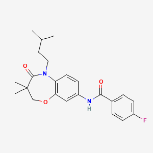 molecular formula C23H27FN2O3 B2883585 4-fluoro-N-(5-isopentyl-3,3-dimethyl-4-oxo-2,3,4,5-tetrahydrobenzo[b][1,4]oxazepin-8-yl)benzamide CAS No. 921835-81-6