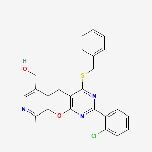 molecular formula C26H22ClN3O2S B2883597 [5-(2-Chlorophenyl)-14-methyl-7-{[(4-methylphenyl)methyl]sulfanyl}-2-oxa-4,6,13-triazatricyclo[8.4.0.0^{3,8}]tetradeca-1(10),3(8),4,6,11,13-hexaen-11-yl]methanol CAS No. 892414-80-1