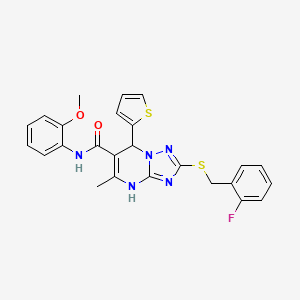 molecular formula C25H22FN5O2S2 B2883600 2-((2-fluorobenzyl)thio)-N-(2-methoxyphenyl)-5-methyl-7-(thiophen-2-yl)-4,7-dihydro-[1,2,4]triazolo[1,5-a]pyrimidine-6-carboxamide CAS No. 536990-87-1