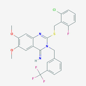 molecular formula C25H20ClF4N3O2S B2883603 2-[(2-chloro-6-fluorobenzyl)sulfanyl]-6,7-dimethoxy-3-[3-(trifluoromethyl)benzyl]-4(3H)-quinazolinimine CAS No. 439094-05-0