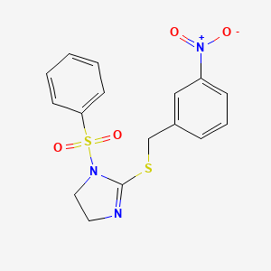molecular formula C16H15N3O4S2 B2883613 1-(Benzenesulfonyl)-2-[(3-nitrophenyl)methylsulfanyl]-4,5-dihydroimidazole CAS No. 868218-96-6