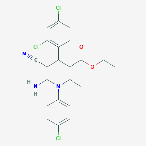 molecular formula C22H18Cl3N3O2 B2883633 6-氨基-1-(4-氯苯基)-5-氰基-4-(2,4-二氯苯基)-2-甲基-4H-吡啶-3-羧酸乙酯 CAS No. 692287-67-5