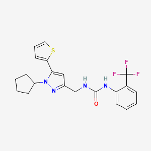 molecular formula C21H21F3N4OS B2883665 1-((1-环戊基-5-(噻吩-2-基)-1H-吡唑-3-基)甲基)-3-(2-(三氟甲基)苯基)脲 CAS No. 1421459-33-7