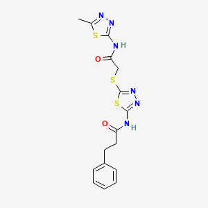 molecular formula C16H16N6O2S3 B2883682 N-[5-({2-[(5-methyl-1,3,4-thiadiazol-2-yl)amino]-2-oxoethyl}sulfanyl)-1,3,4-thiadiazol-2-yl]-3-phenylpropanamide CAS No. 477215-22-8