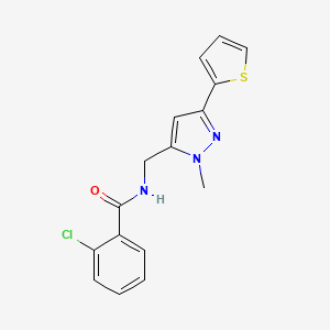 molecular formula C16H14ClN3OS B2883694 2-Chloro-N-[(2-methyl-5-thiophen-2-ylpyrazol-3-yl)methyl]benzamide CAS No. 2319722-91-1