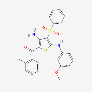 molecular formula C26H24N2O4S2 B2883794 (3-Amino-5-((3-methoxyphenyl)amino)-4-(phenylsulfonyl)thiophen-2-yl)(2,4-dimethylphenyl)methanone CAS No. 892291-50-8