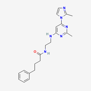 molecular formula C21H26N6O B2883839 N-(2-((2-methyl-6-(2-methyl-1H-imidazol-1-yl)pyrimidin-4-yl)amino)ethyl)-4-phenylbutanamide CAS No. 1206990-81-9