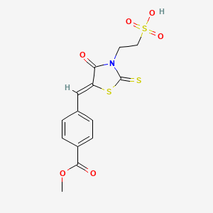 molecular formula C14H13NO6S3 B2883843 (Z)-2-(5-(4-(methoxycarbonyl)benzylidene)-4-oxo-2-thioxothiazolidin-3-yl)ethanesulfonic acid CAS No. 853903-62-5