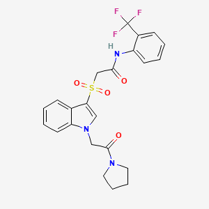 molecular formula C23H22F3N3O4S B2883858 2-((1-(2-oxo-2-(pyrrolidin-1-yl)ethyl)-1H-indol-3-yl)sulfonyl)-N-(2-(trifluoromethyl)phenyl)acetamide CAS No. 878056-66-7