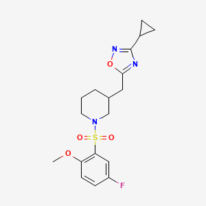 molecular formula C18H22FN3O4S B2883860 3-Cyclopropyl-5-((1-((5-fluoro-2-methoxyphenyl)sulfonyl)piperidin-3-yl)methyl)-1,2,4-oxadiazole CAS No. 1706104-42-8