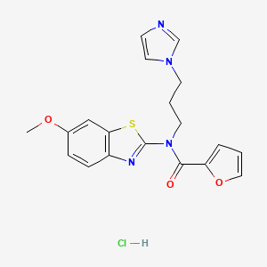 molecular formula C19H19ClN4O3S B2883863 N-(3-(1H-imidazol-1-yl)propyl)-N-(6-methoxybenzo[d]thiazol-2-yl)furan-2-carboxamide hydrochloride CAS No. 1215408-44-8
