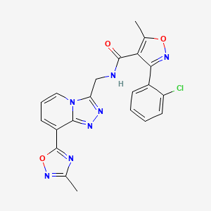 molecular formula C21H16ClN7O3 B2883870 3-(2-chlorophenyl)-5-methyl-N-((8-(3-methyl-1,2,4-oxadiazol-5-yl)-[1,2,4]triazolo[4,3-a]pyridin-3-yl)methyl)isoxazole-4-carboxamide CAS No. 2034457-42-4