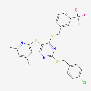 molecular formula C26H19ClF3N3S3 B2883875 4-Chlorobenzyl 7,9-dimethyl-4-{[3-(trifluoromethyl)benzyl]sulfanyl}pyrido[3',2':4,5]thieno[3,2-d]pyrimidin-2-yl sulfide CAS No. 439111-35-0